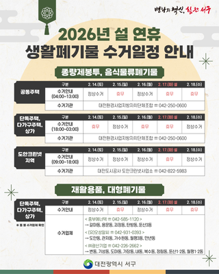 2026년 설 연휴 생활폐기물 수거일정 안내