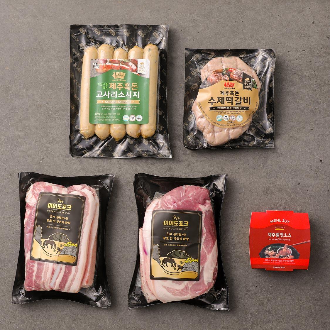 백오겹500g+흑돼지 앞다리살500g+흑돈떡갈비200g+흑돈소세지250g+멜젓소스40g