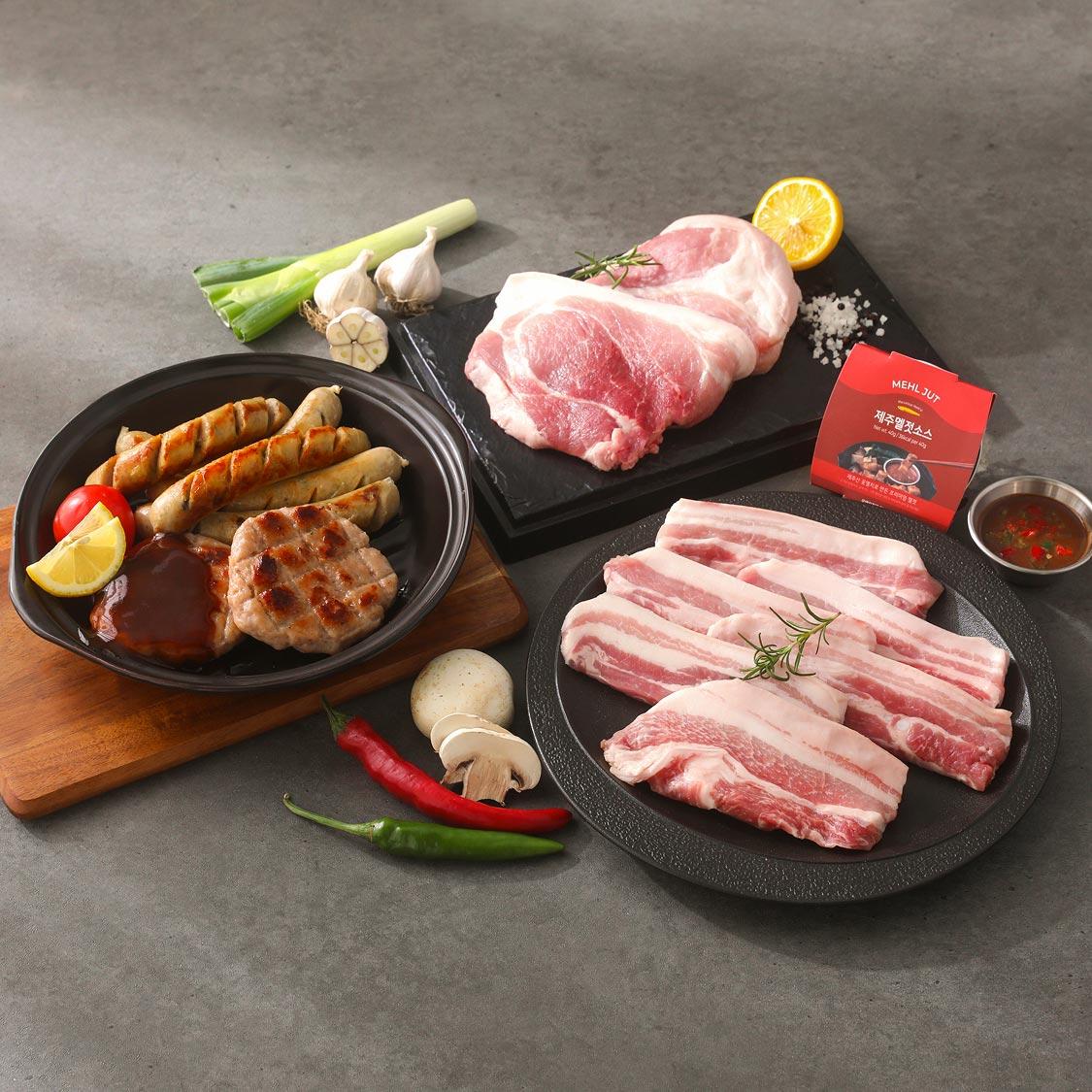 백오겹500g+흑돼지 앞다리살500g+흑돈떡갈비200g+흑돈소세지250g+멜젓소스40g